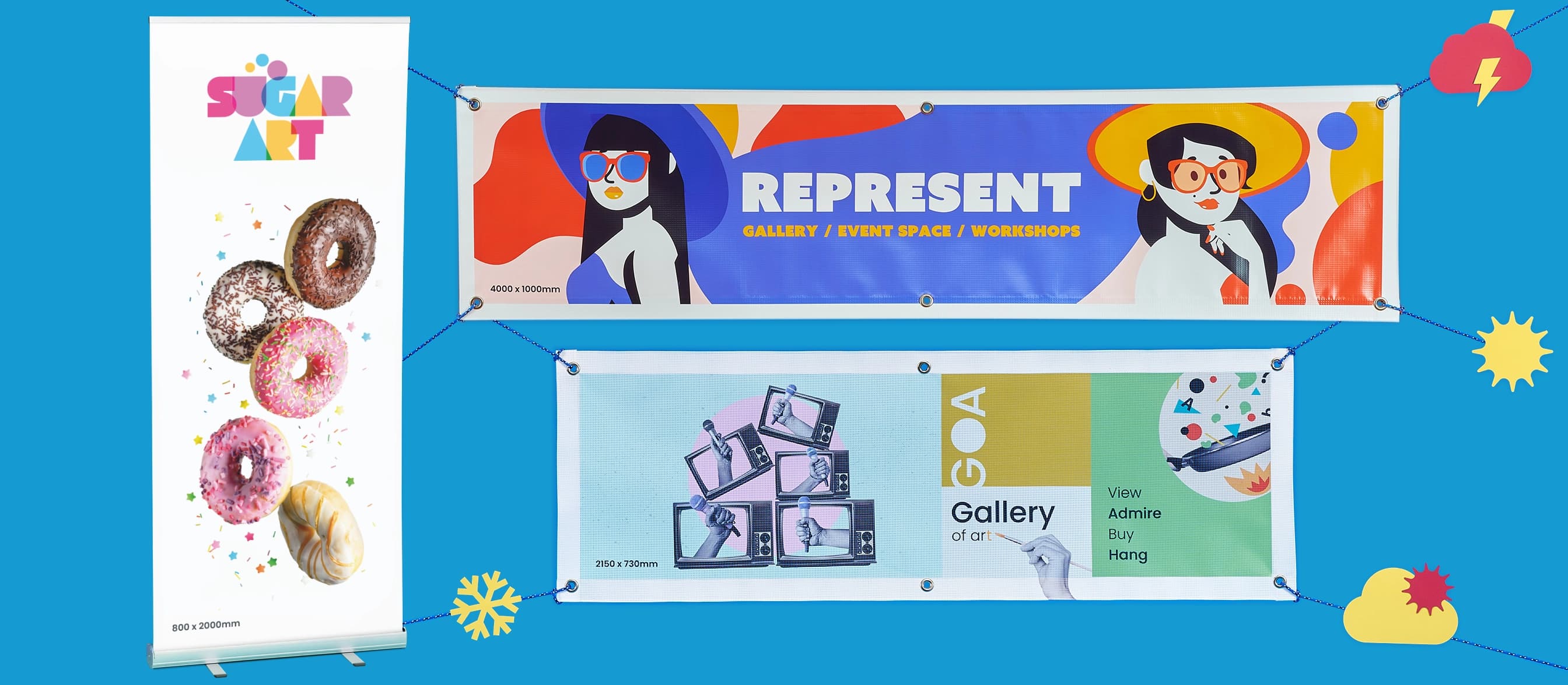 Three colourful advertising banners against a blue background.