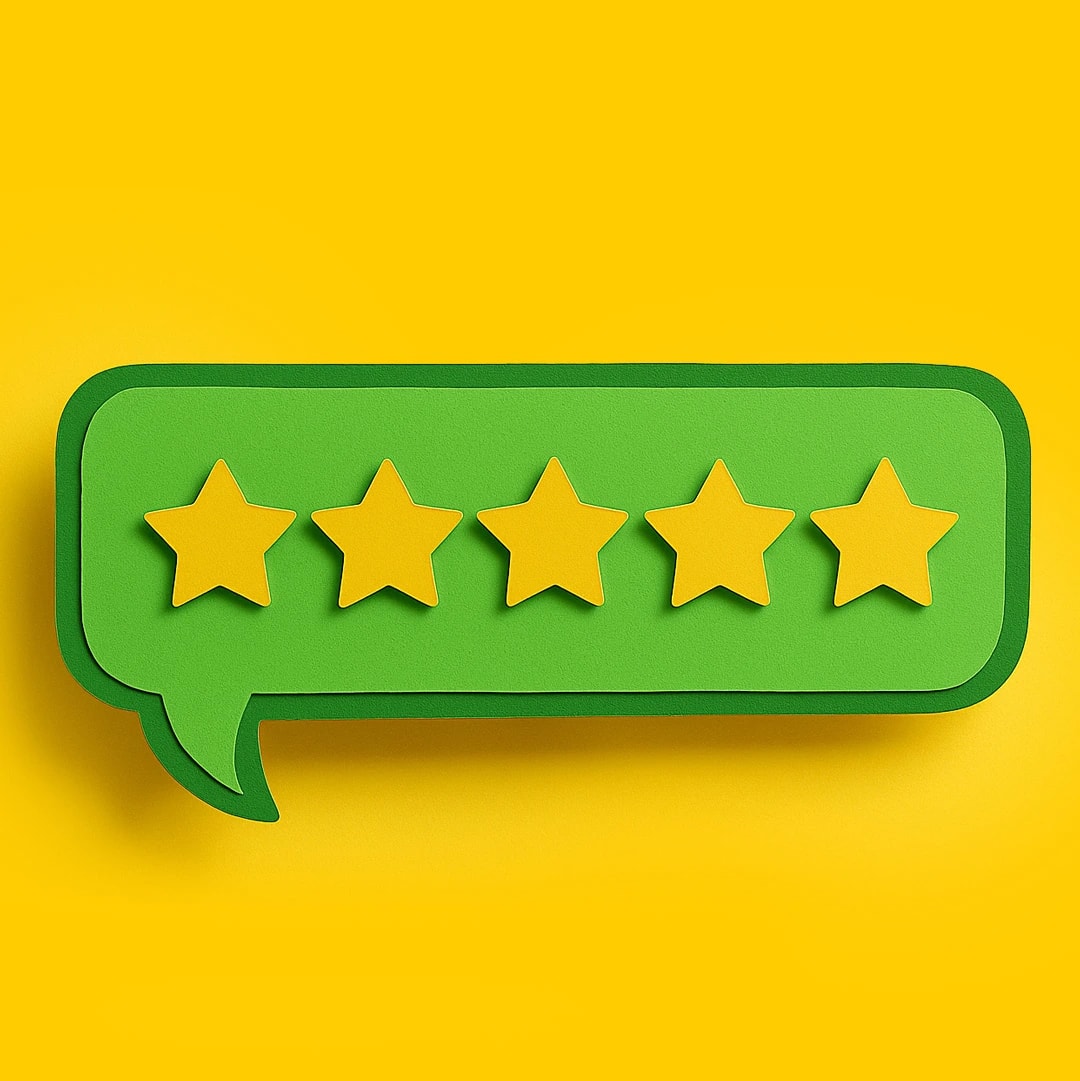Green chat bubble with five yellow stars on a yellow background.