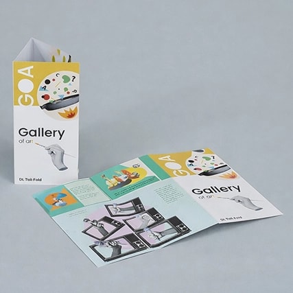 Two Gallery of Art tri-fold brochures displayed, one standing and one open showing inner pages.