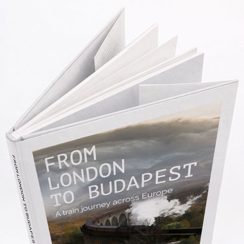 Book titled "From London to Budapest: A train journey across Europe" with a train on the cover.