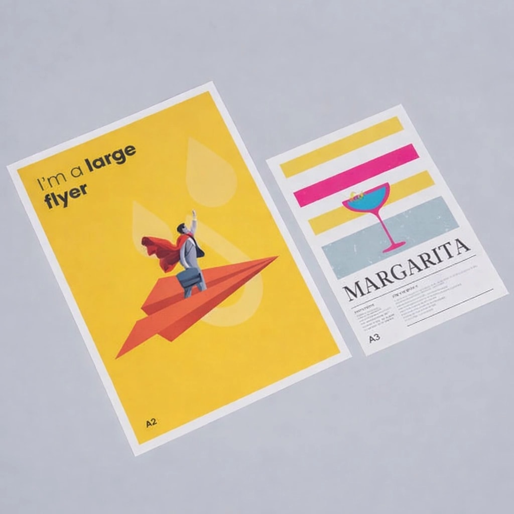 Two A3 posters on a gray surface; one yellow with a paper plane, one colourful with a cocktail.