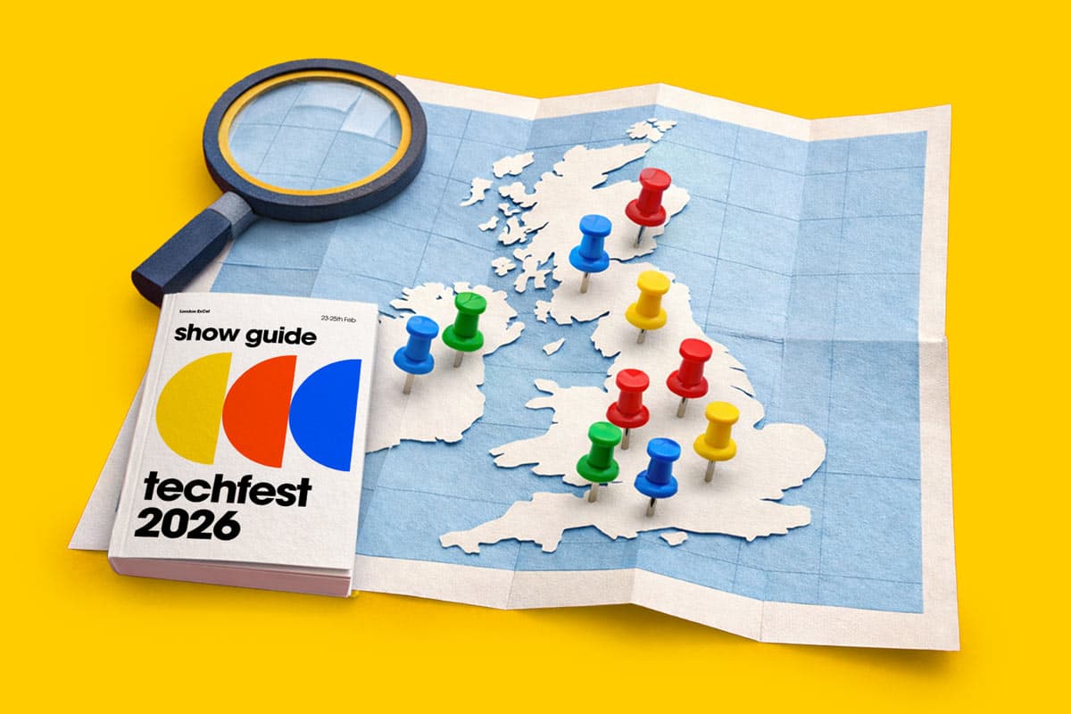 A map of the UK with coloured pins, a magnifying glass, and a Techfest 2026 show guide.
