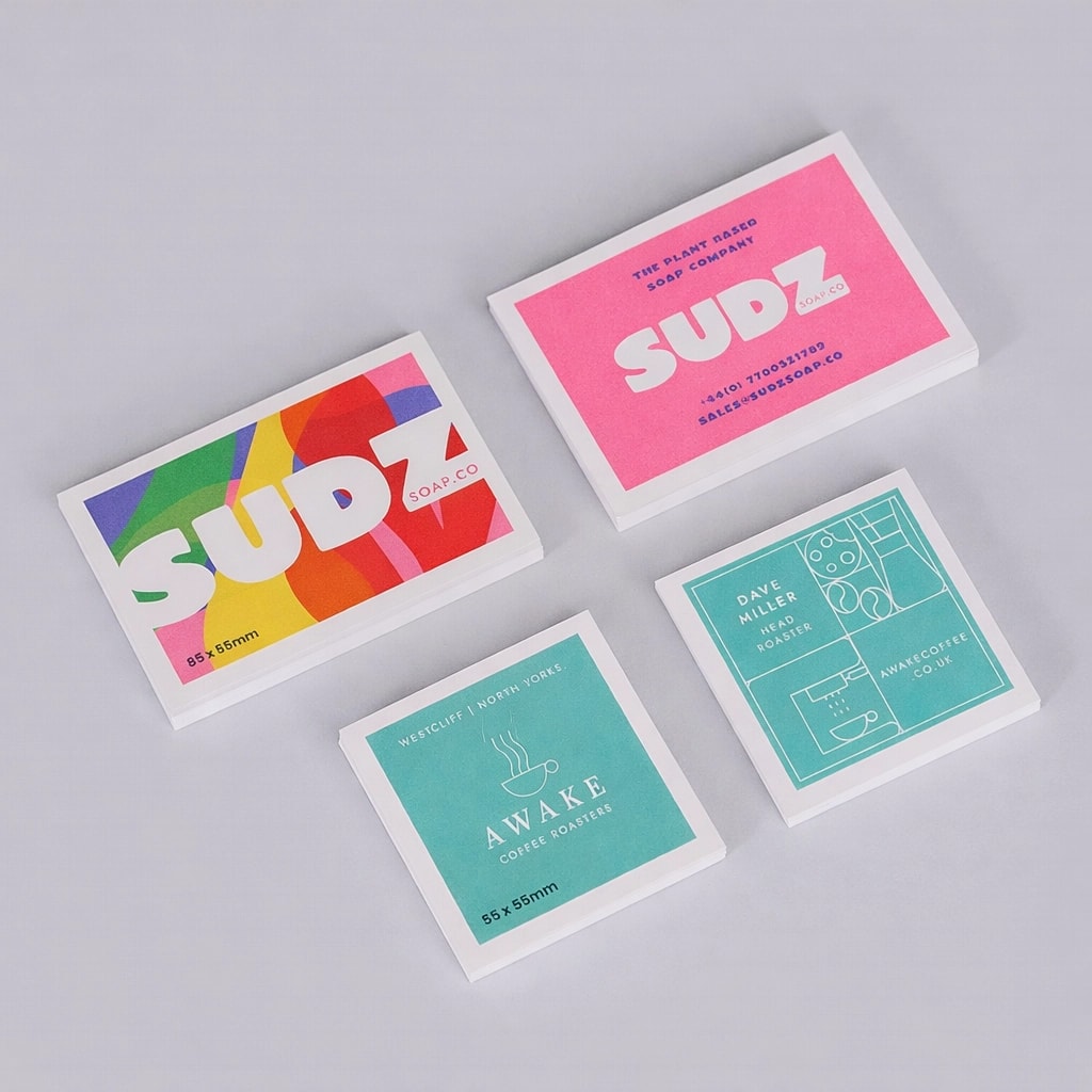 Four colourful rectangular recycled business cards with bold, modern designs on a light gray background.