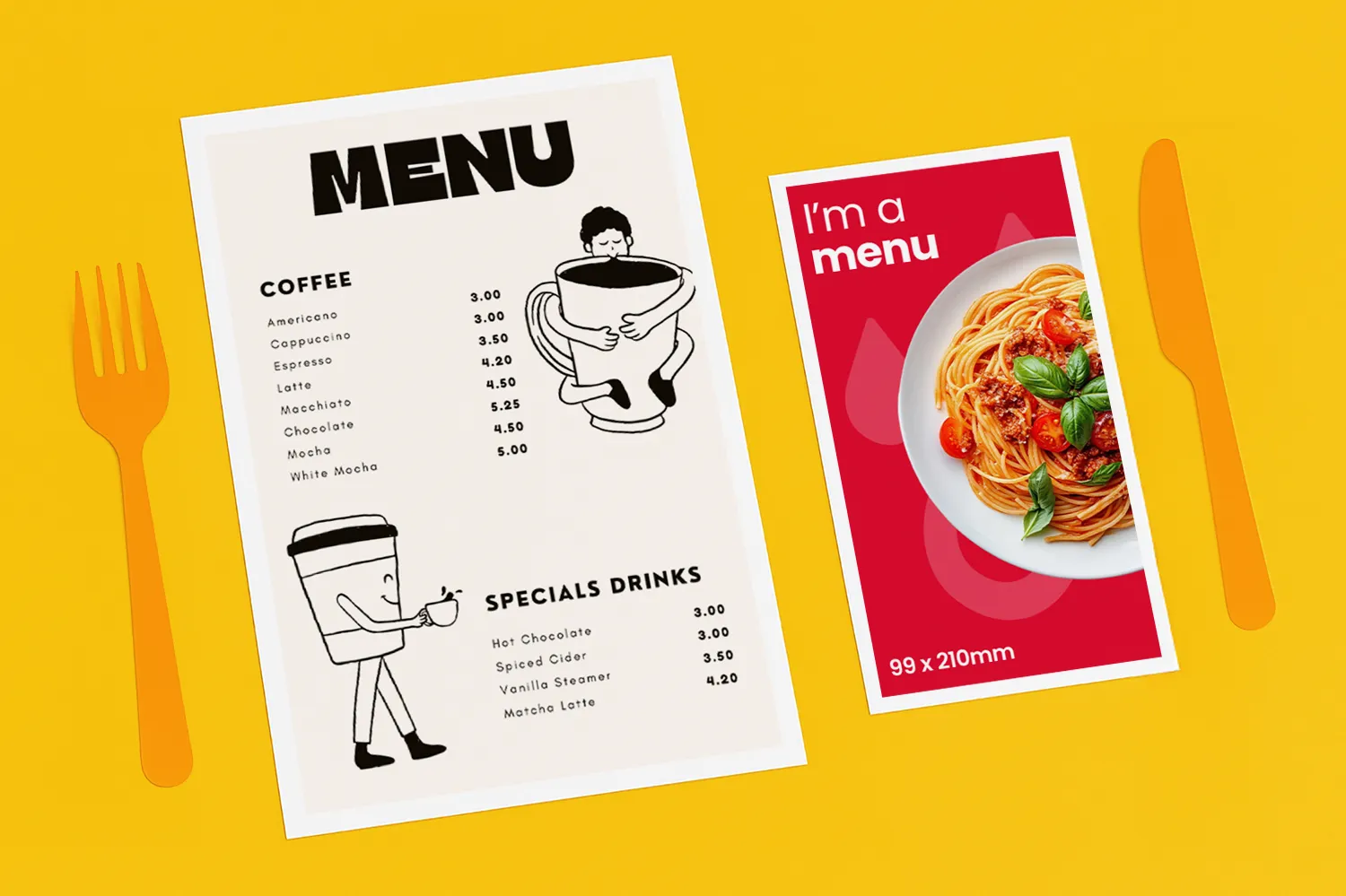 Two menus on a yellow table with orange utensils; one for coffee, one for cocktails.