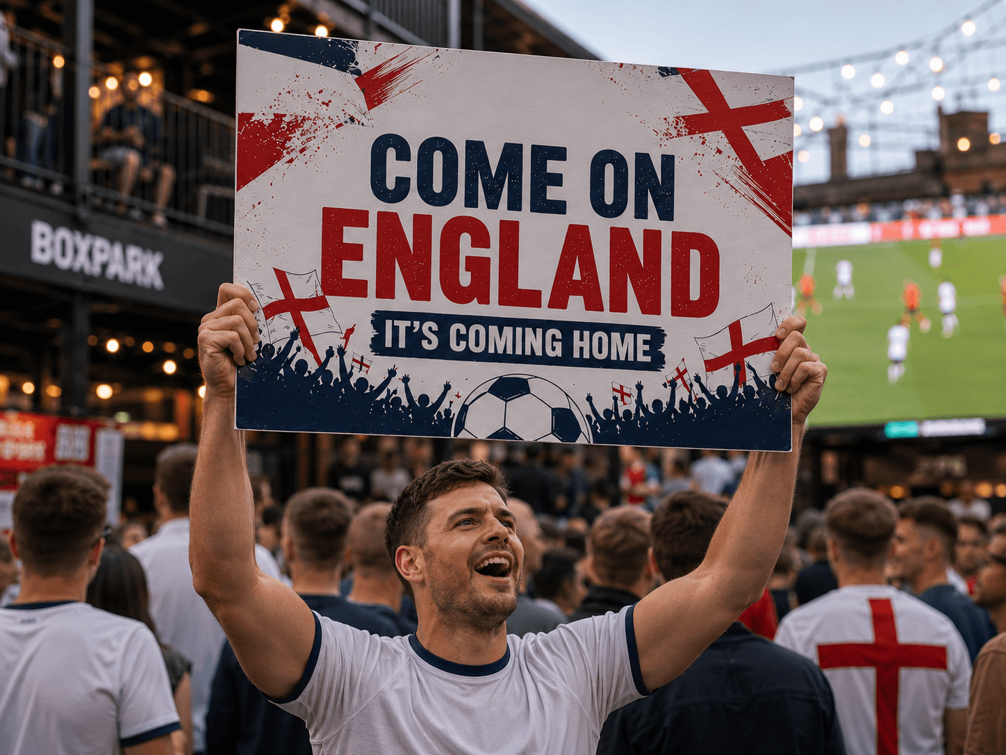 Man holds a "Come On England, It's Coming Home" sign at a crowded football viewing event in celebration of the World Cup 2026 hosted in the US, Canada and Mexico.