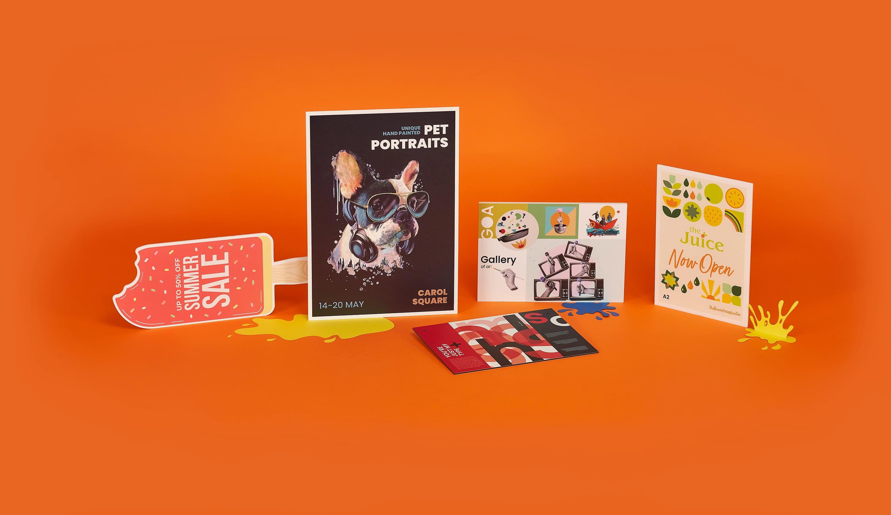 Assorted colourful promotional signage on an orange background.