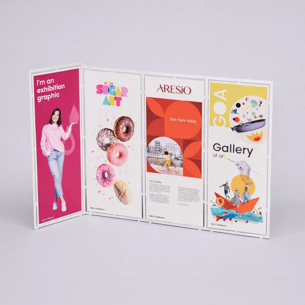 Four colourful exhibition display panels featuring various graphic designs and promotional content.