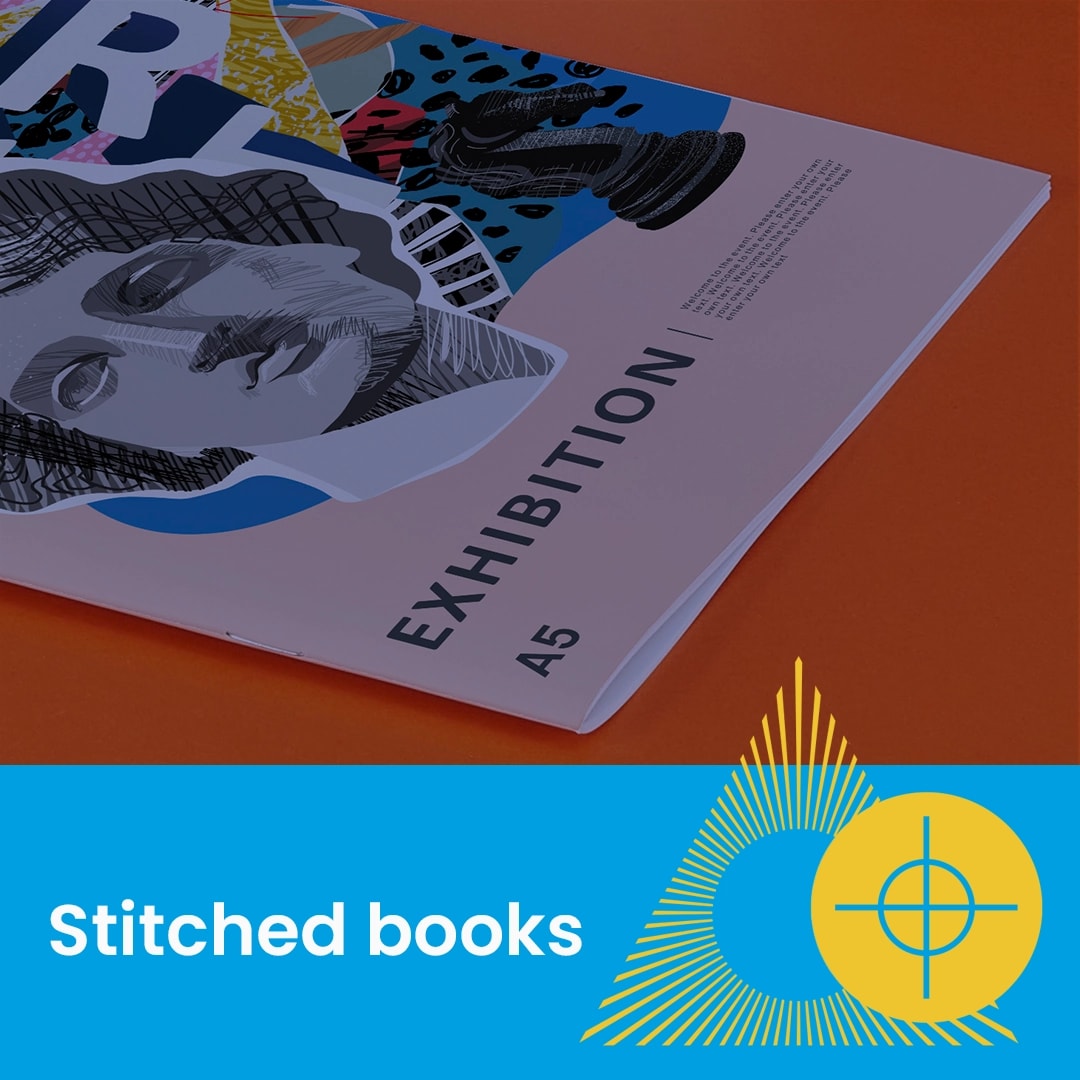 A stitched A5 exhibition booklet on an orange surface with graphic design elements.