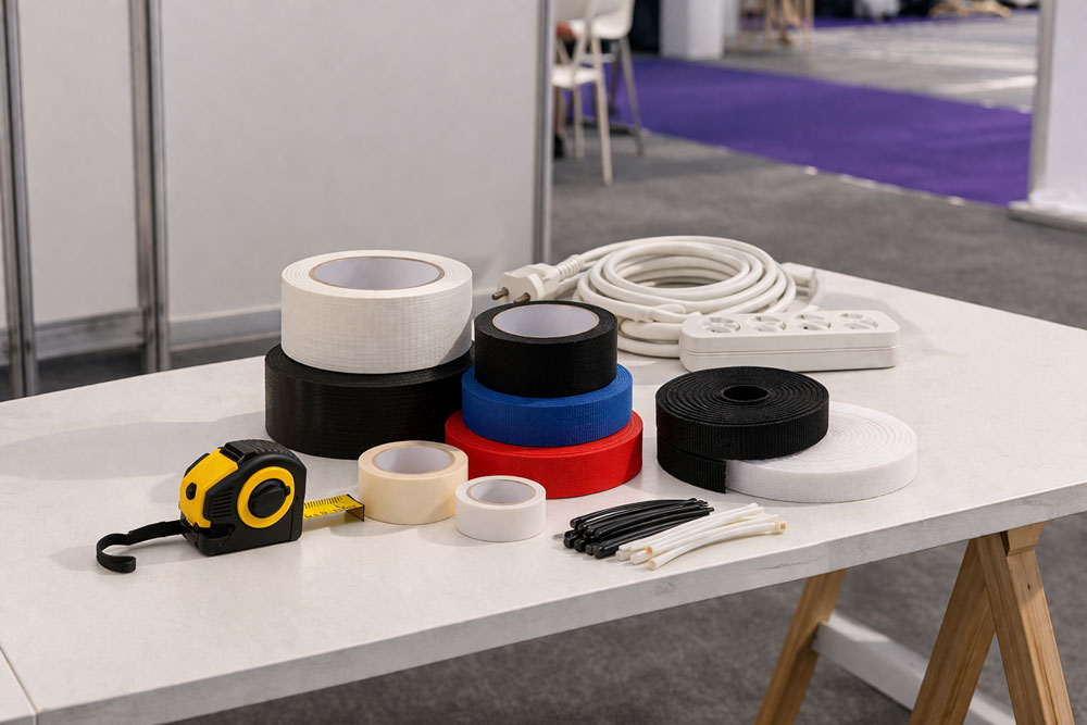 Assorted tapes, cable ties, power strip, and tape measure arranged on a white table.
