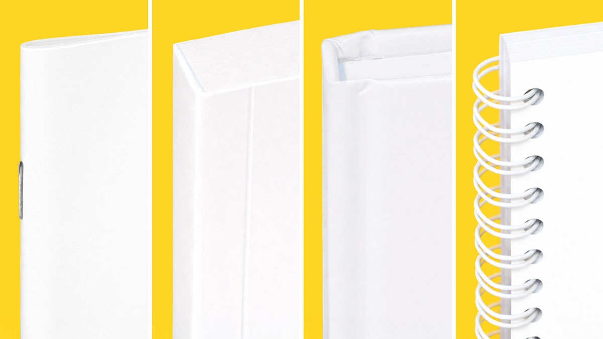 Four types of white book bindings against a yellow background: staple, glued, hardcover, spiral.
