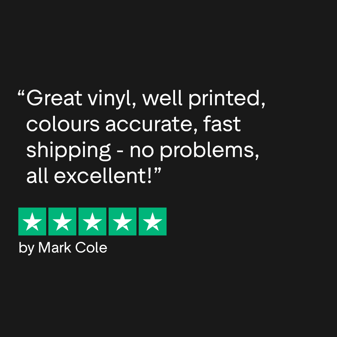 Customer review praising vinyl quality, printing, color accuracy, and fast shipping, rated five stars.