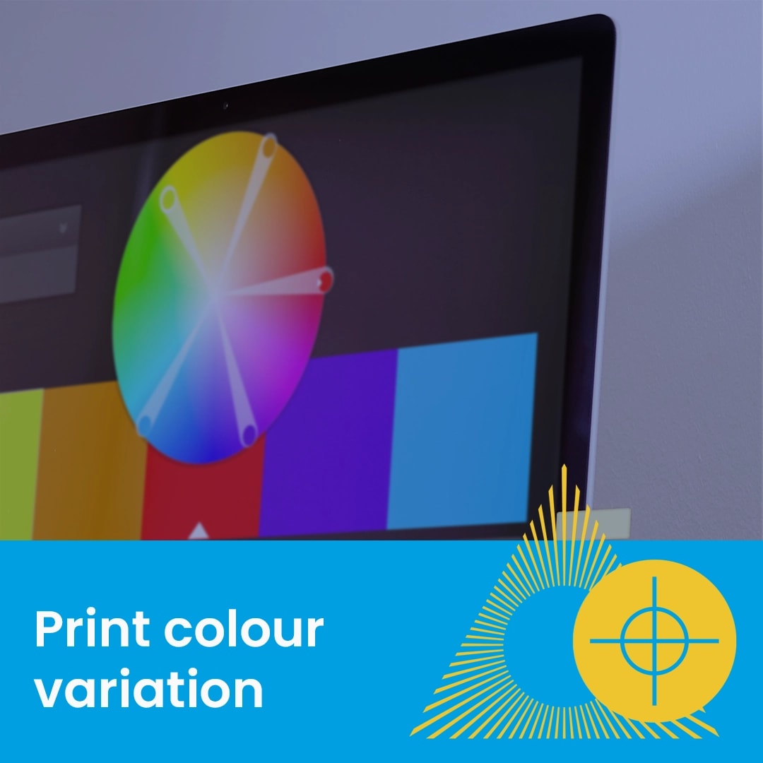 Computer screen displaying a colour wheel and swatches, with text reading "Print colour variation.