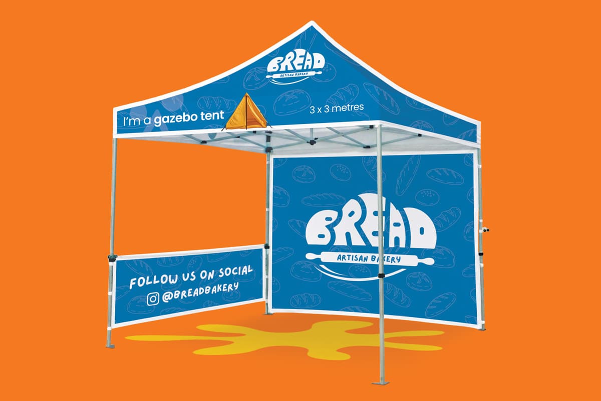 Blue branded gazebo tent with "BREAD" logo, set against an orange background.