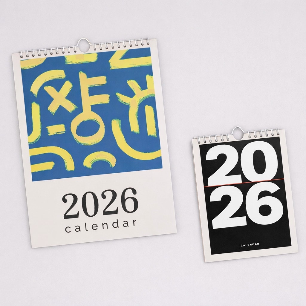 Two 2026 calendars, one with abstract art and one with large white numbers on black.