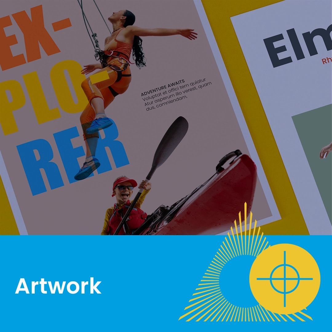A close-up of colourful posters and a blue banner labeled "Artwork" with a graphic icon.
