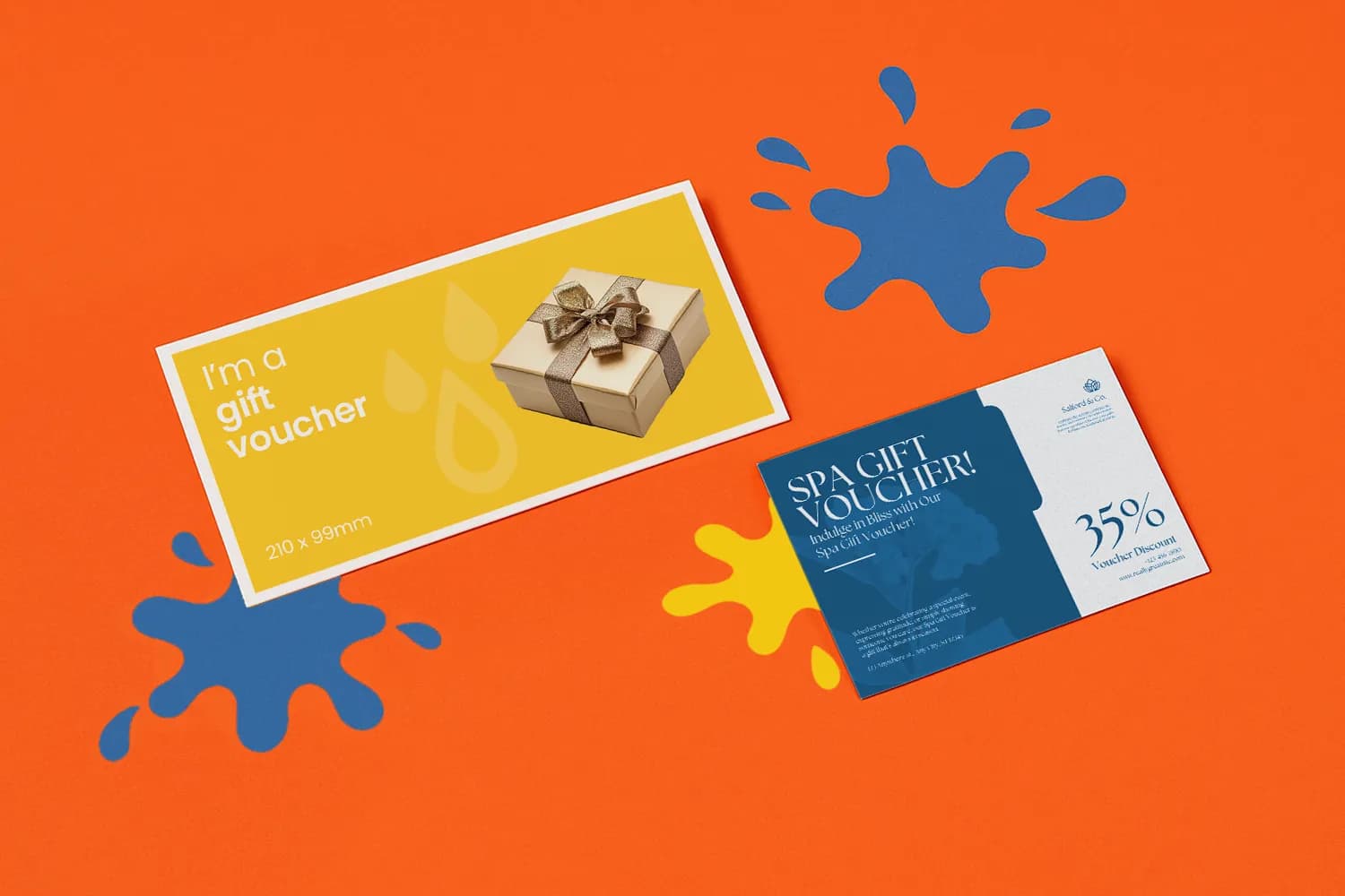Two gift vouchers on an orange surface with blue and yellow splash shapes.