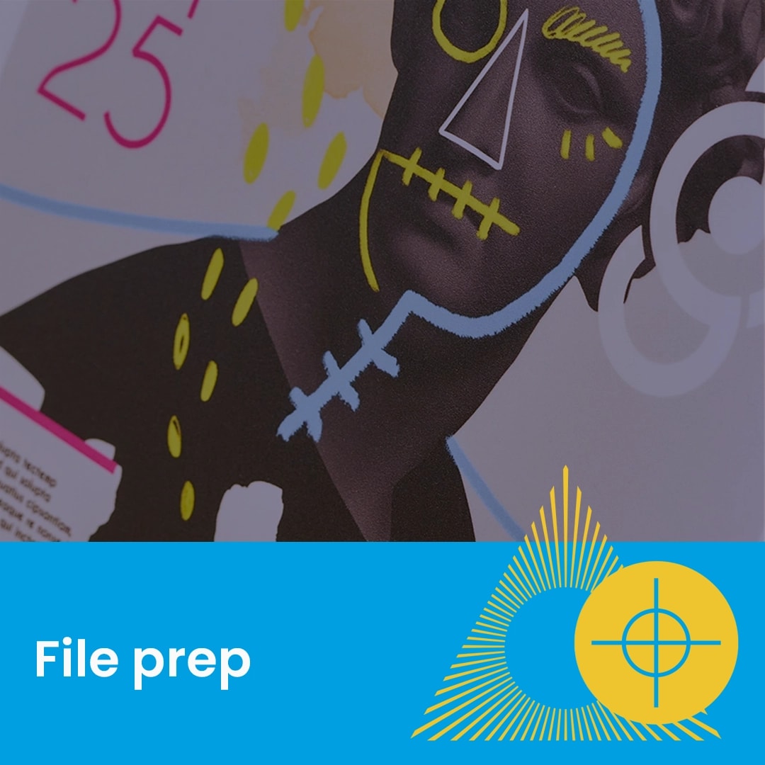 Close-up of a printed page with colourful doodles over a statue, text reads "File prep".