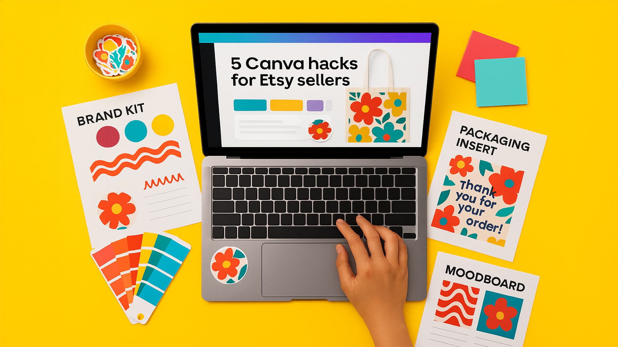 A hand on a laptop surrounded by Etsy seller branding materials and colourful design prints.