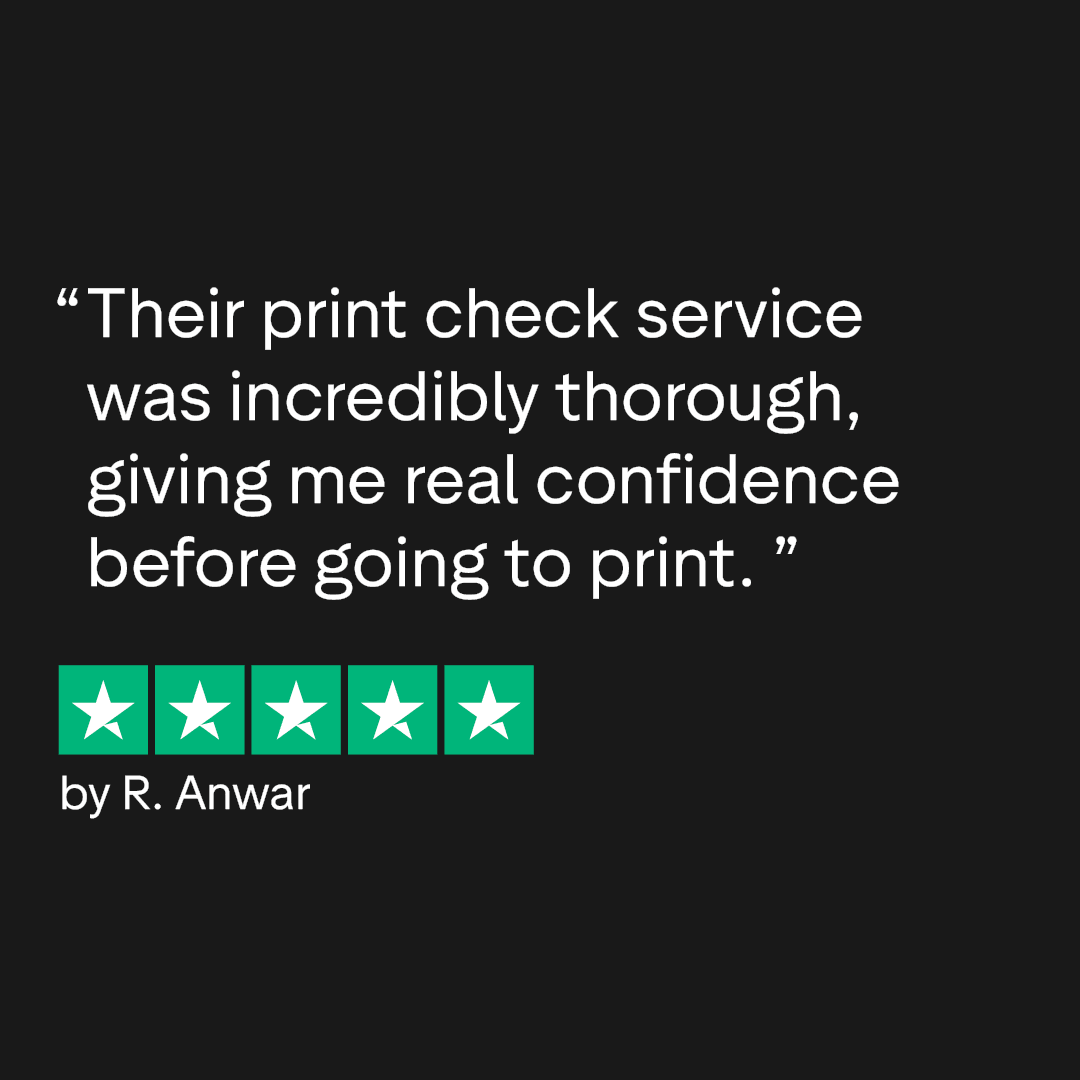 Trustpilot review praising a thorough print check service with five green stars, by R. Anwar.