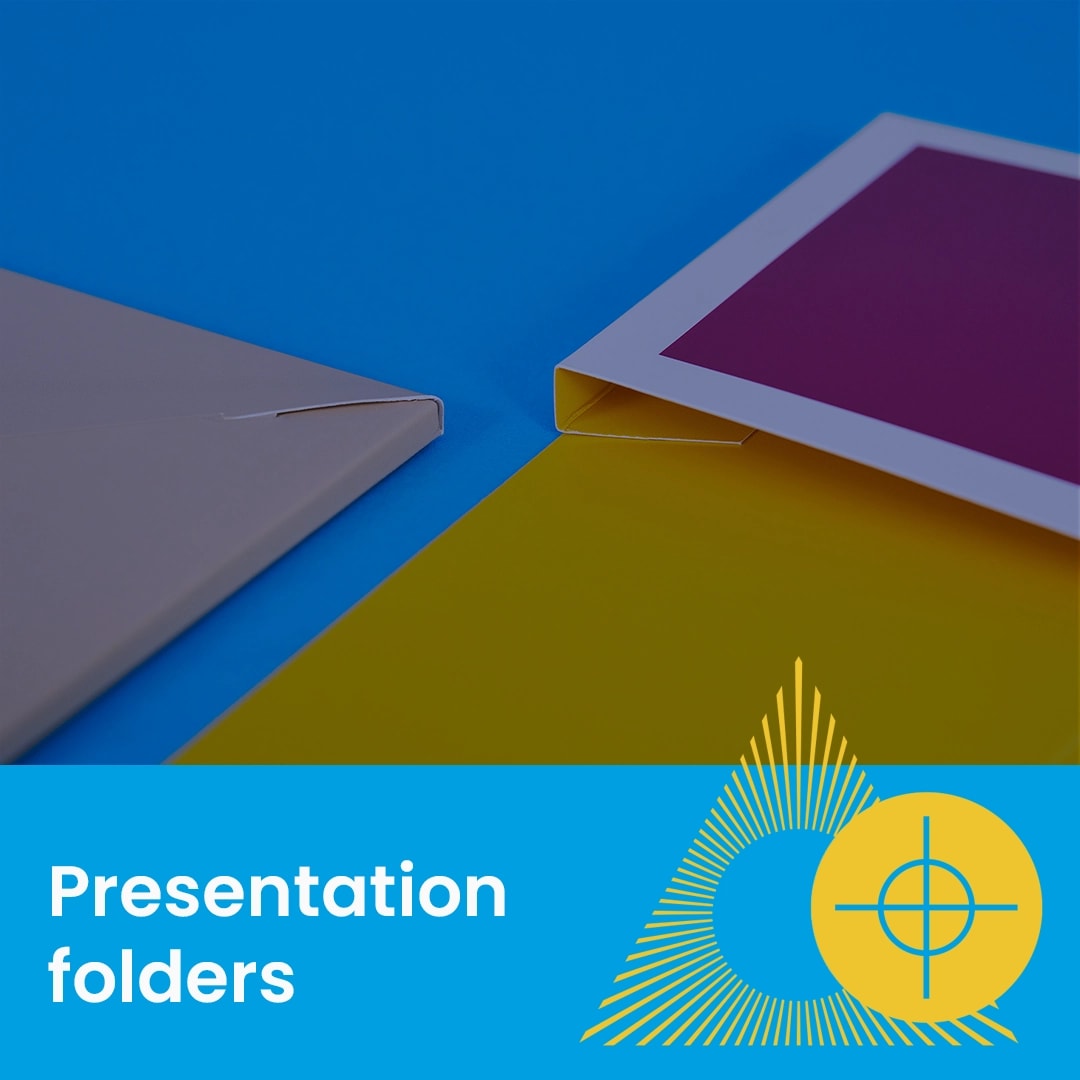 Two colourful presentation folders on a blue background with the text "Presentation folders".