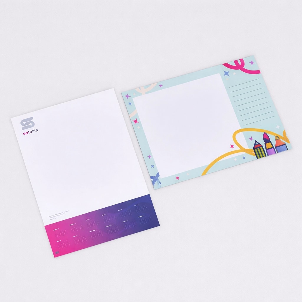 Two desk pads, one with a business design and one with a colourful, playful border.