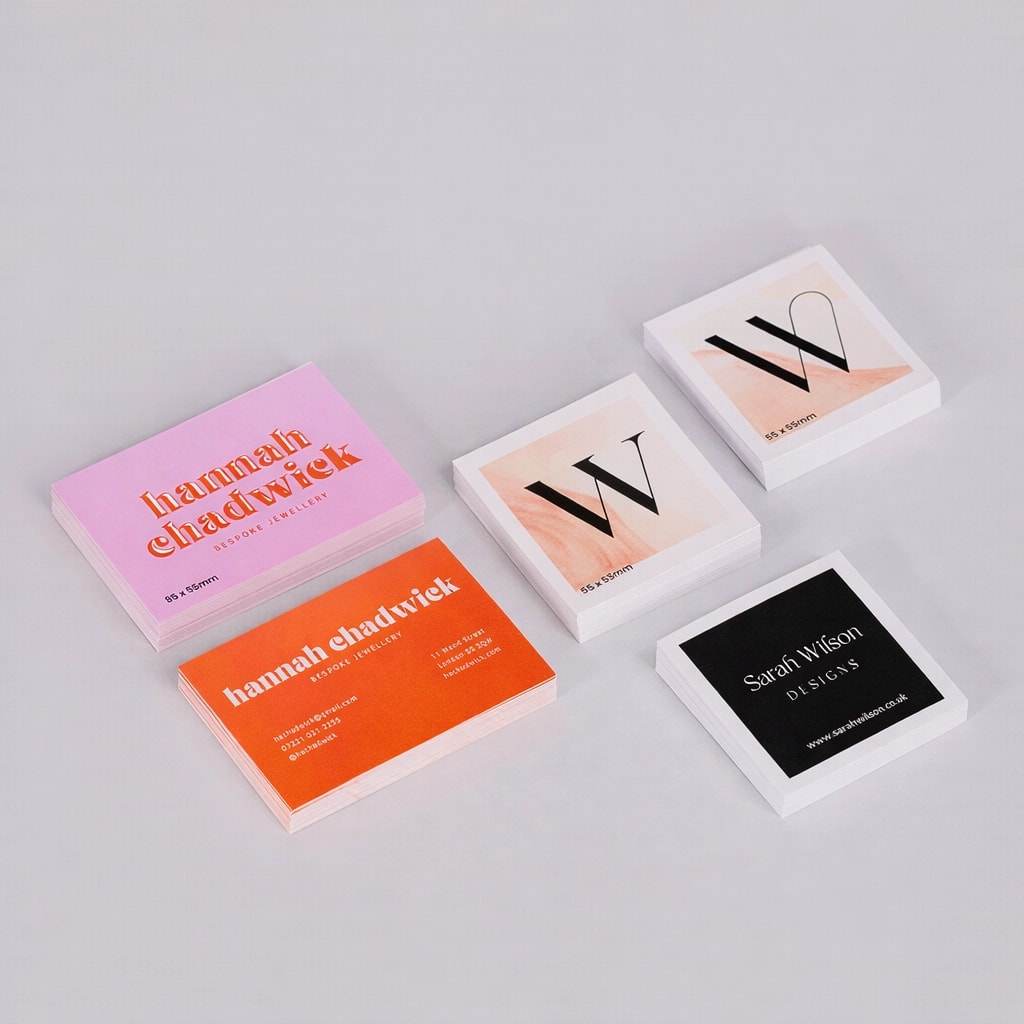 Stacks of colourful business cards arranged on a light gray surface with spot UV.