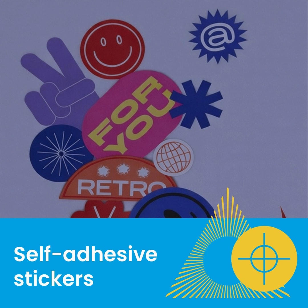 Assorted colourful self-adhesive stickers arranged above a blue label reading "Self-adhesive stickers.