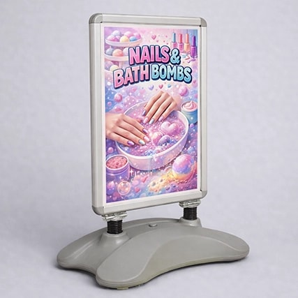 A sign advertising nails and bath bombs with an image of hands in a colourful bowl.