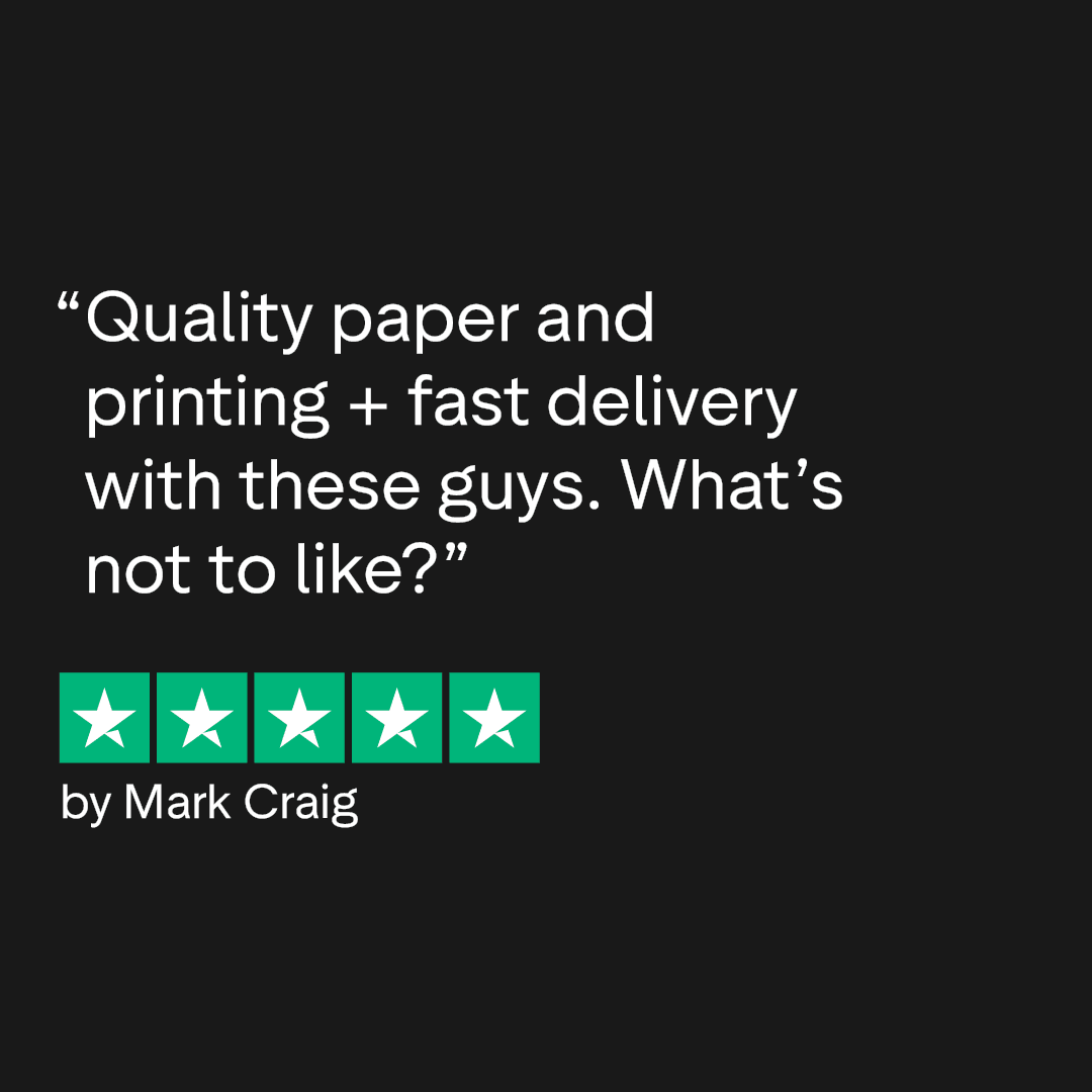 Review text praising quality paper, printing, and fast delivery, with five-star rating shown.