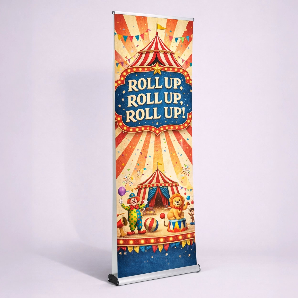 Circus-themed double sided roller banner with "Roll Up, Roll Up, Roll Up!" and colourful animal illustrations.