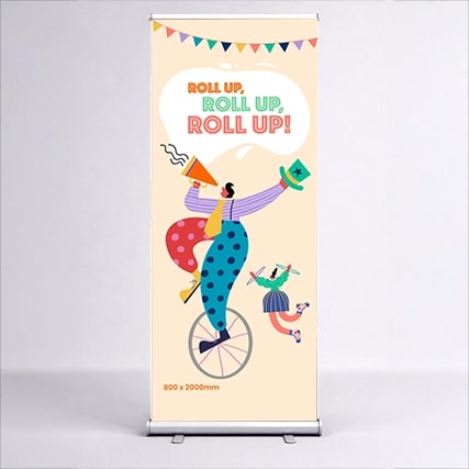 colourful circus-themed banner with a clown on a unicycle and the text "Roll up, roll up, roll up!.