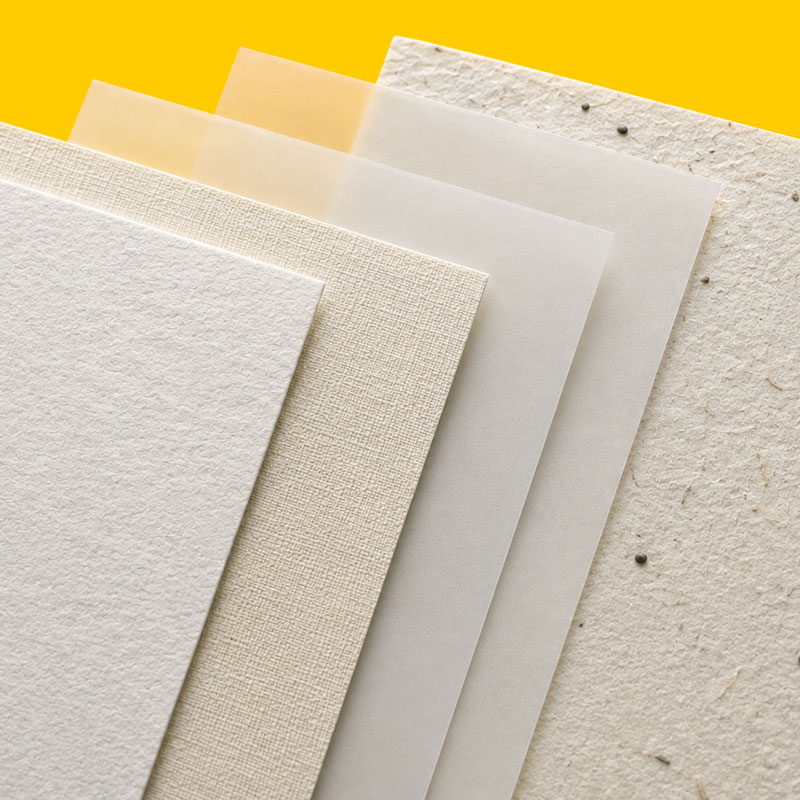 Five different textured paper sheets fanned out on a yellow background.