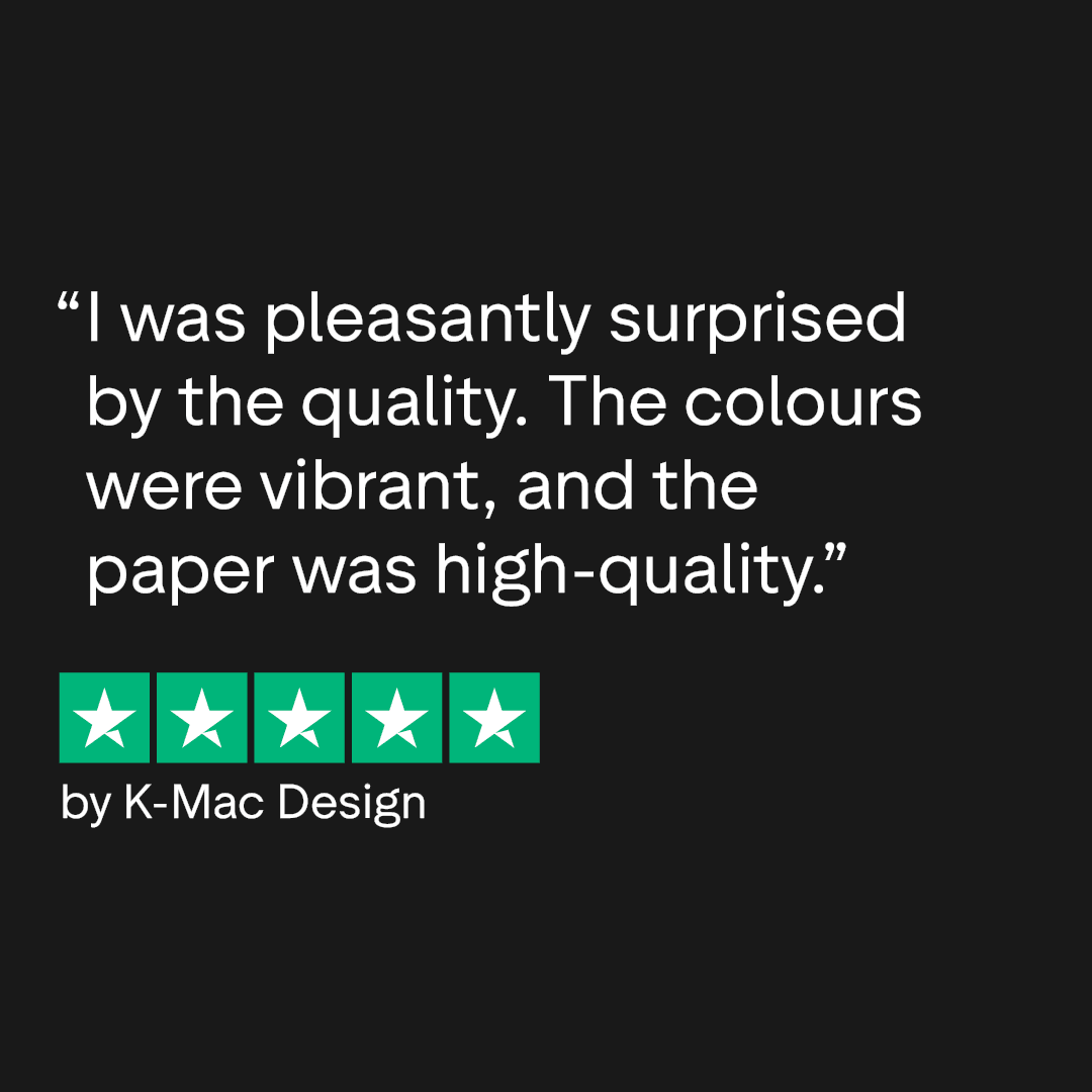 Customer review praising product quality, vibrant colors, and high-quality paper by K-Mac Design.