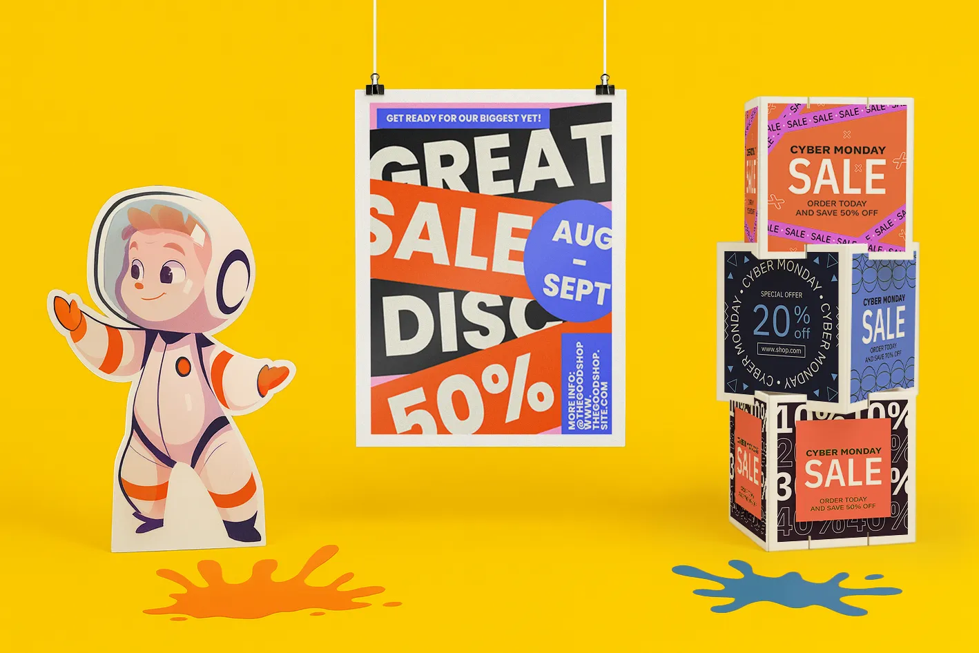 A cardboard astronaut, sale poster, and stacked sale boxes on a yellow background.