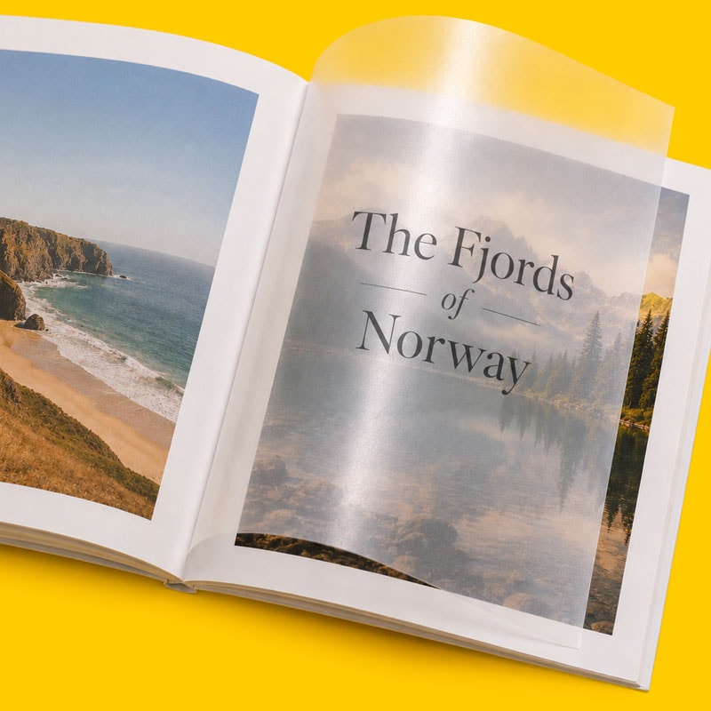 An open photo book titled "The Fjords of Norway" with landscape images on a yellow background.