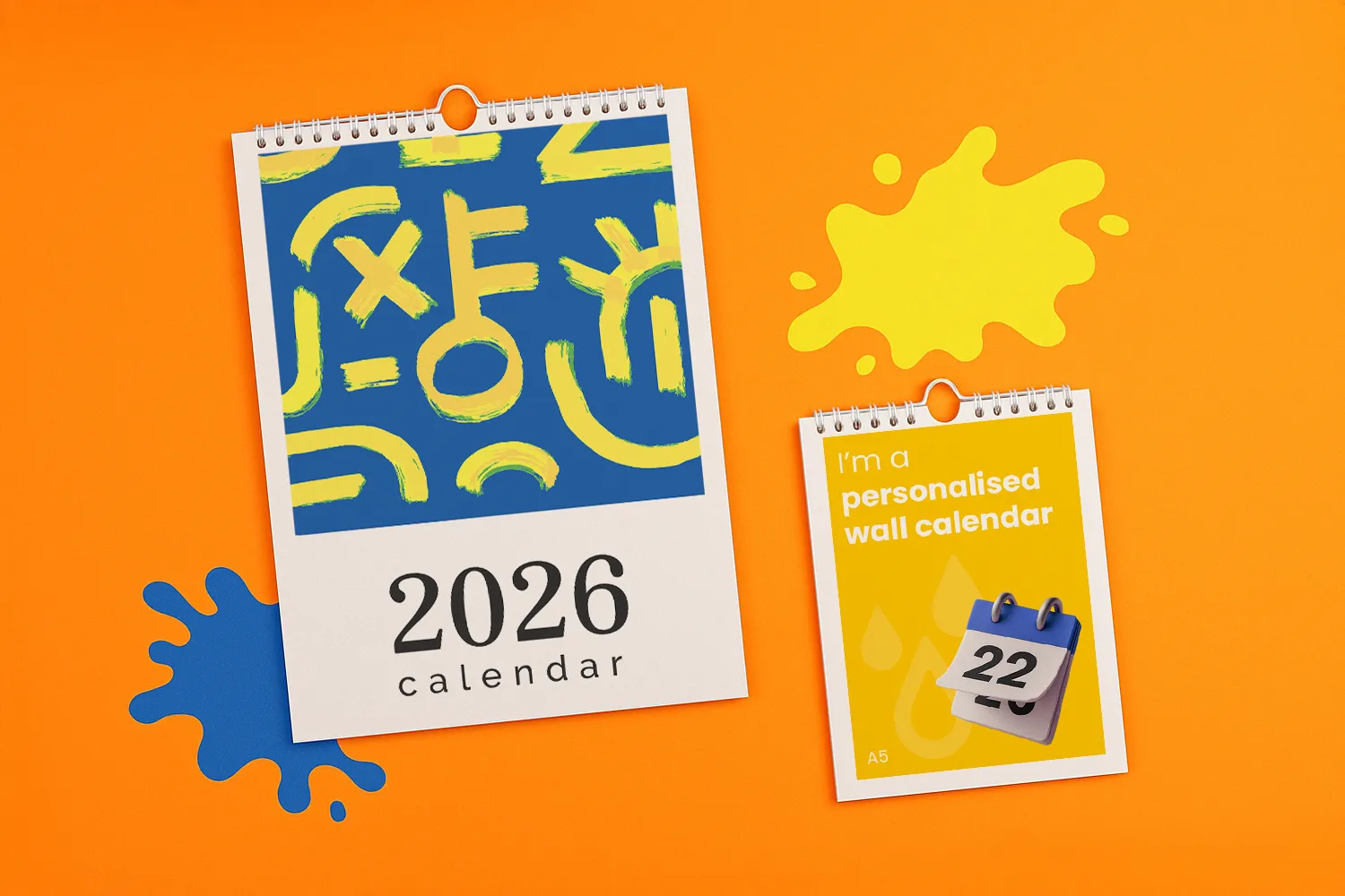 2026 calendar and a personalised wall calendar on an orange background with paint splashes.