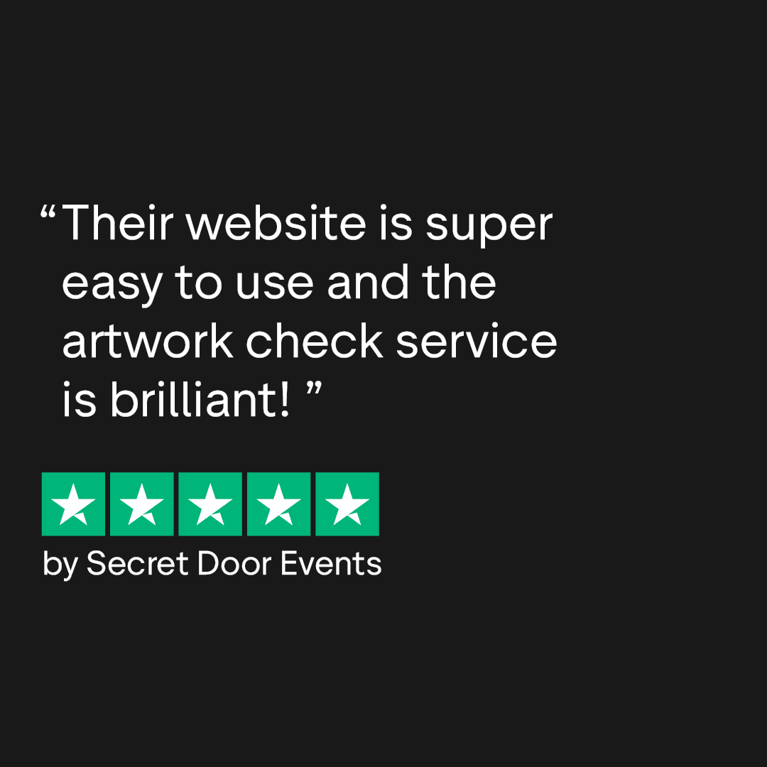 Text review praising a website's usability and artwork service, shown with a five-star rating.