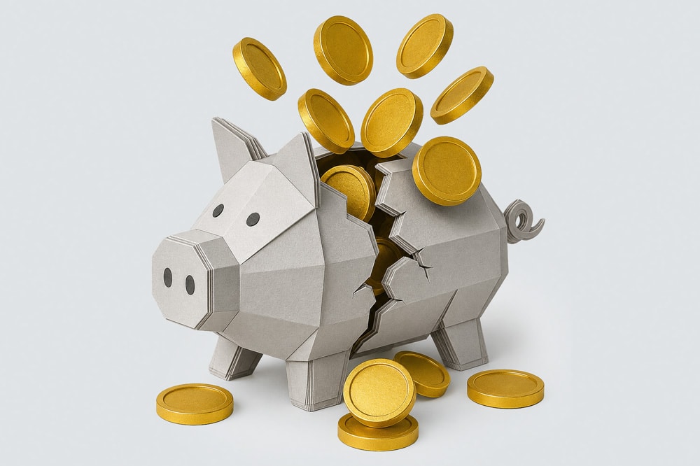 A cracked piggy bank with gold coins spilling out onto a white surface.