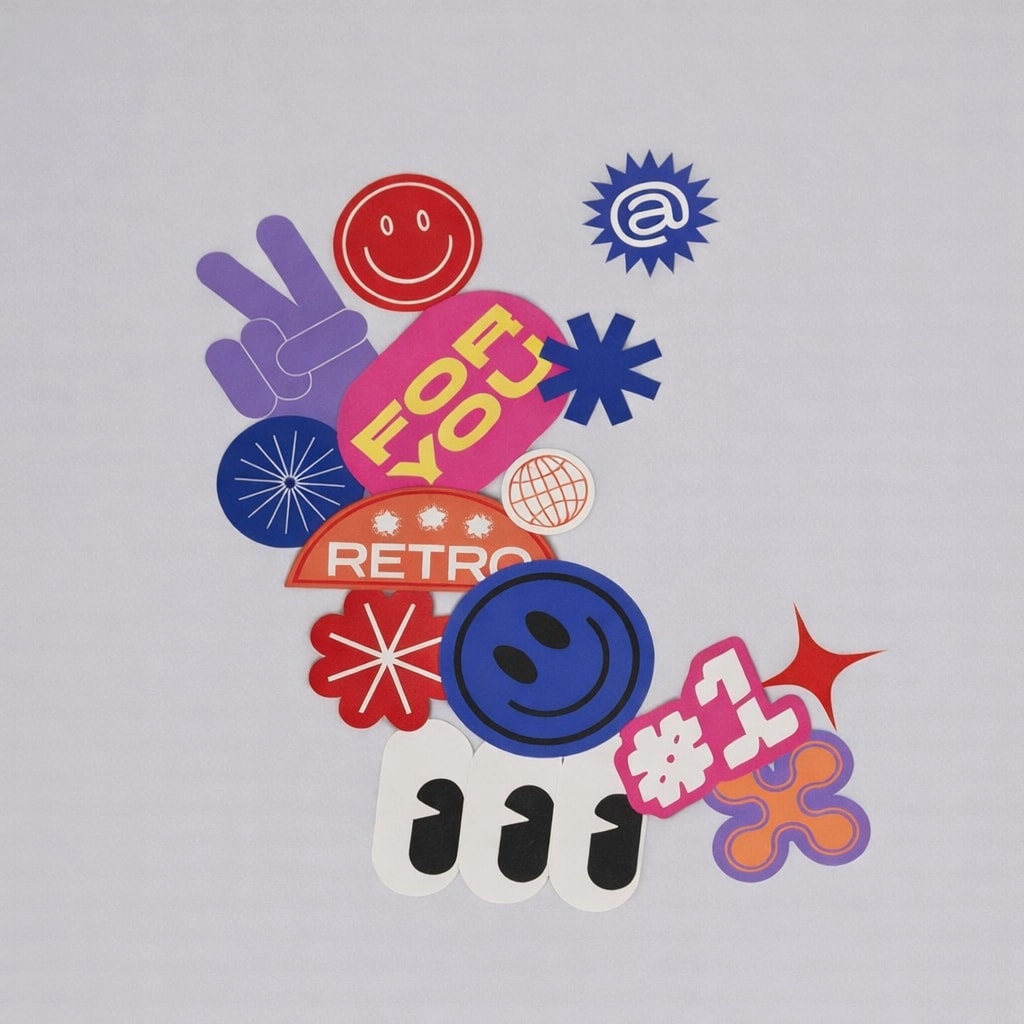 Assorted colourful window graphic stickers, including smiley faces, "FOR YOU," and "#1," on a gray background.