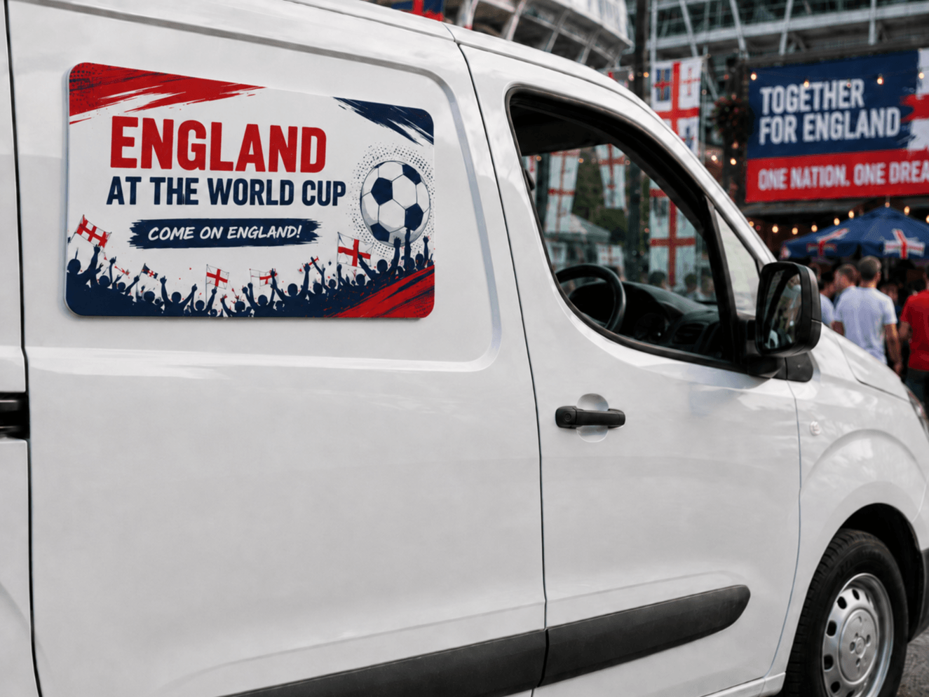 White van with an "England at the World Cup" sign, parked near a crowd and England banners in celebration of the World Cup 2026 hosted in the US, Canada and Mexico.