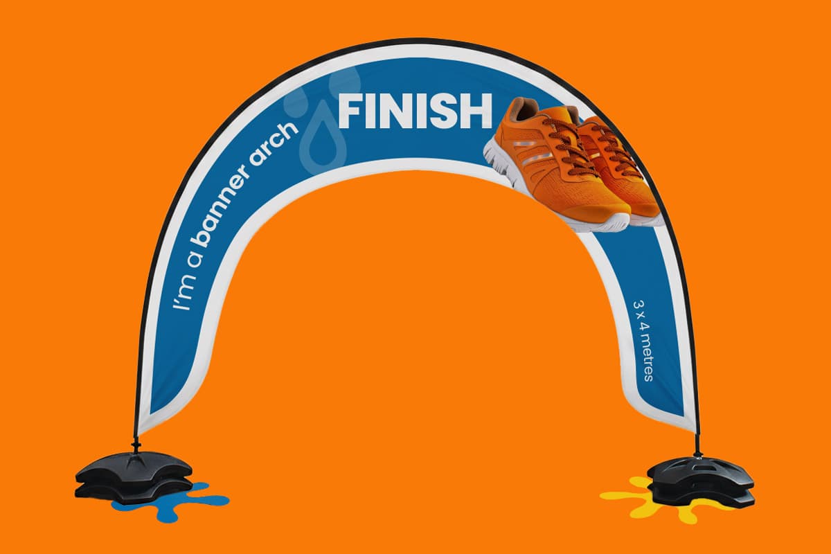 Blue banner arch with "FINISH," orange running shoes, and text "3 x 4 metres" on orange background.