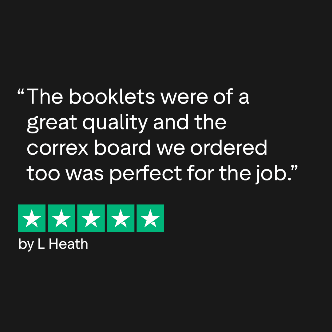 Customer review praising booklet quality and correx board; 5-star rating shown below the quote.