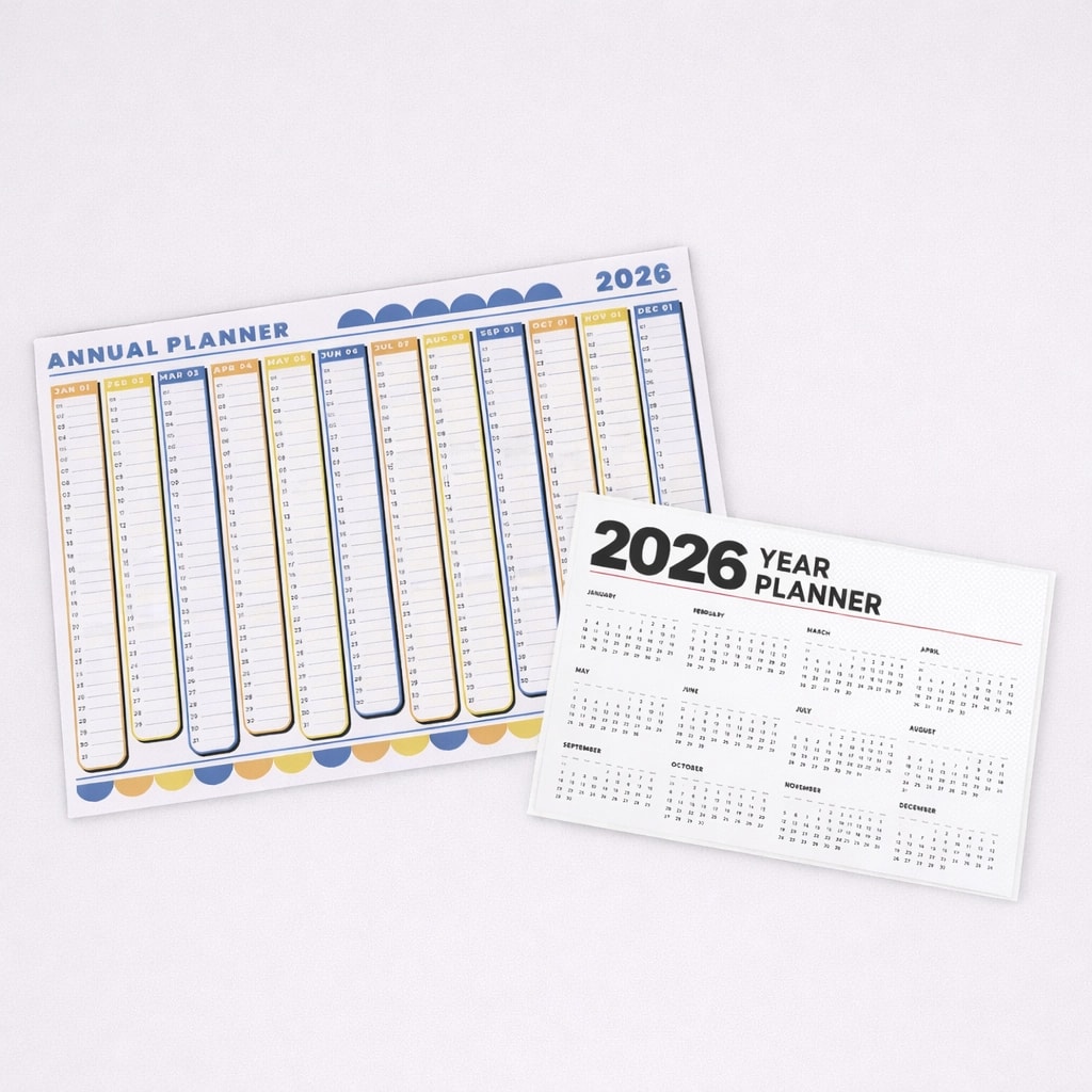 Two 2026 year planners, one with monthly columns and the other with a full-year calendar layout.