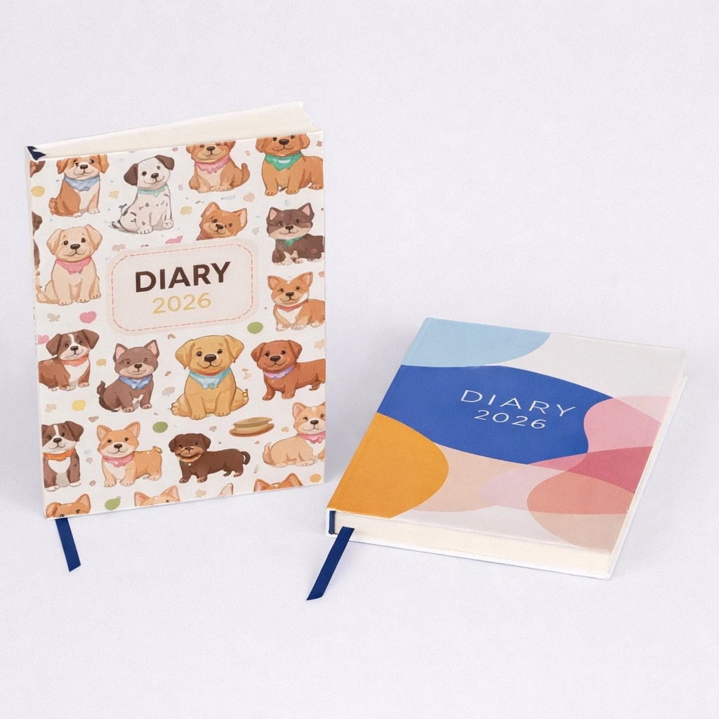 Two 2026 diaries, one with cartoon dogs on the cover and one with a colourful abstract design.